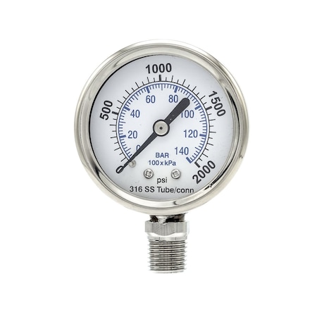 2 In Dial, 0/2000 PSI & Bar, 1/4 In NPT, Lower Mount Dry/Fillable Pressure Gauge